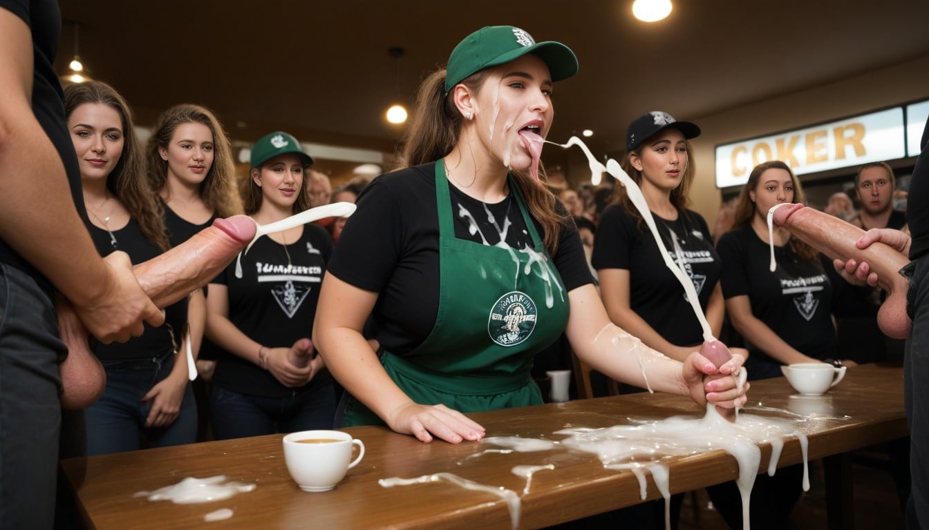 Green Apron, Green Baseball Hat, Female Customers Crowd Watching Shemale AI Porn