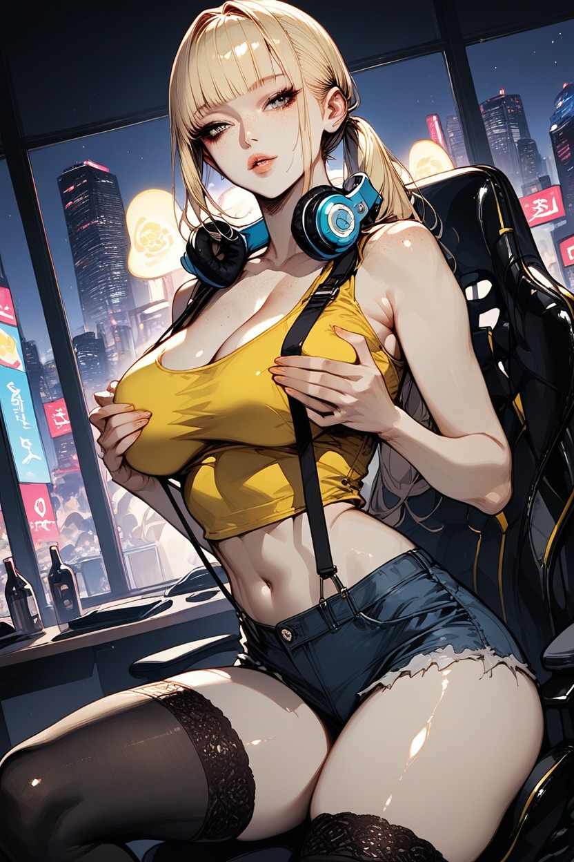Navel Exposed, Bangs Beside Her Face, High Ponytail Hentai AI Porn