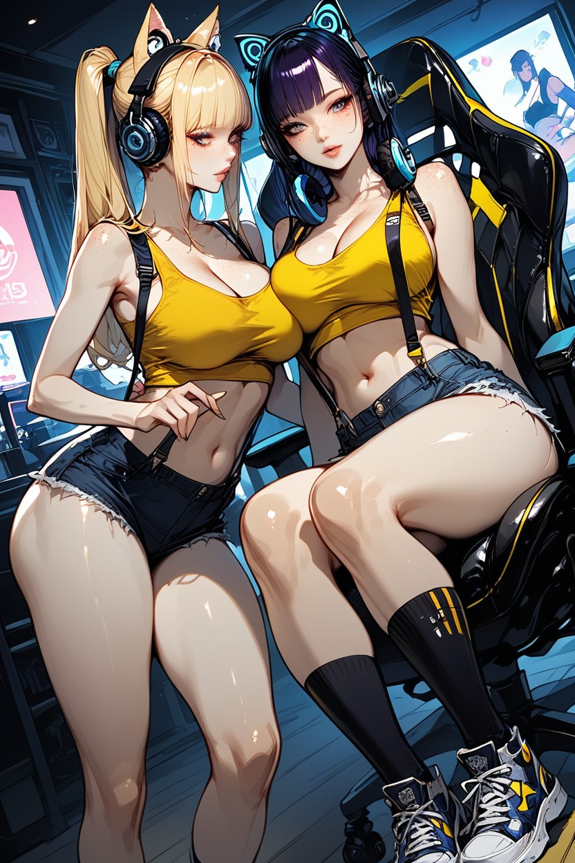 Two Korean Female, Suspenders, Navel Exposed Hentai AI Porn