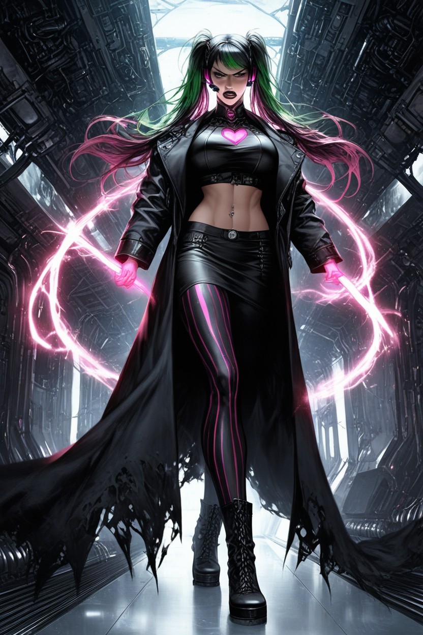 Black And Pink Striped Leggings, Daytime, Heroic Pose Hentai AI Porn