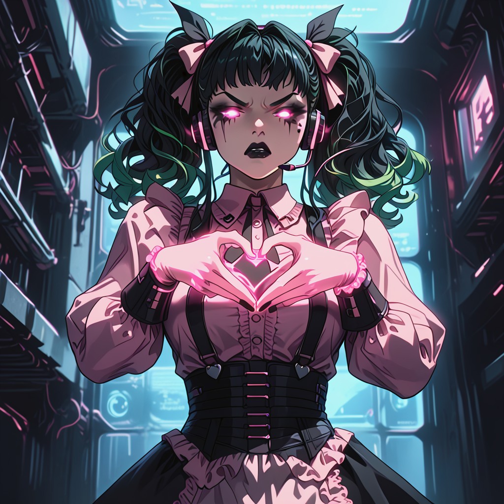 Frilled Pink Shirt, Pink Glow, Black Eye Makeup Hentai AI Porn