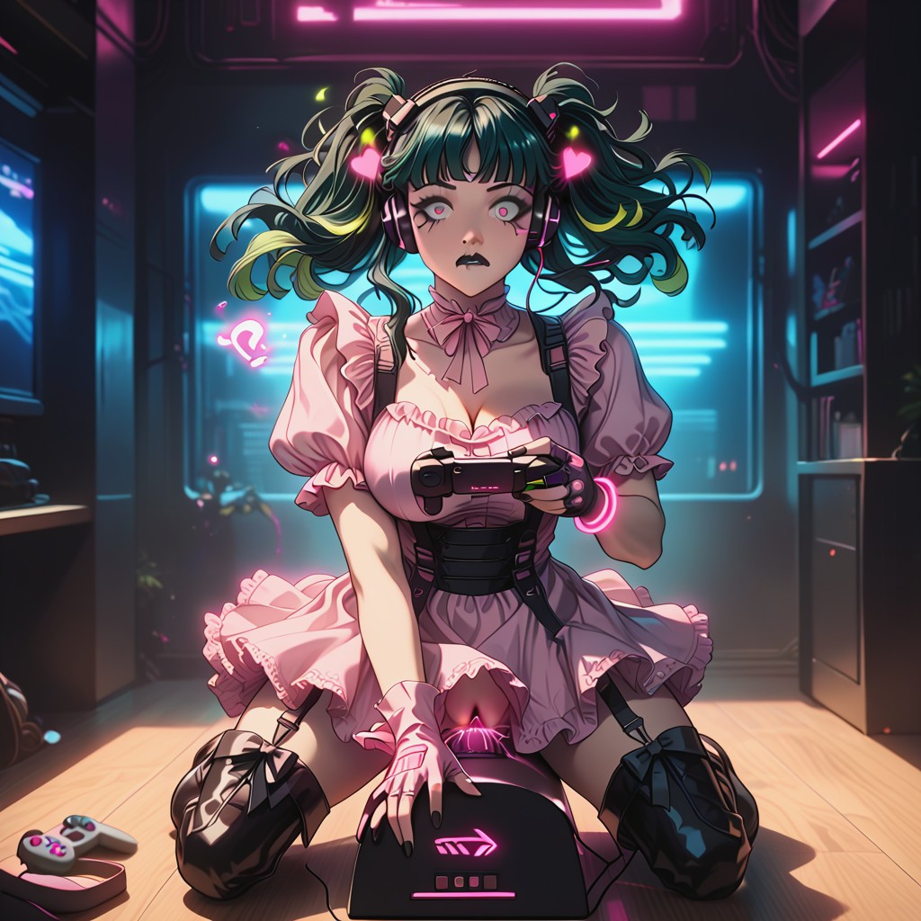 No Digital Noise, Pink Bows, Black Hair With Green Highlights Hentai AI Porn