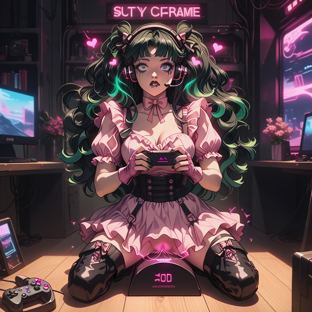 Wind In Hair, Glowing Pink Eyes, Holding Video Game Controller Hentai AI Porn