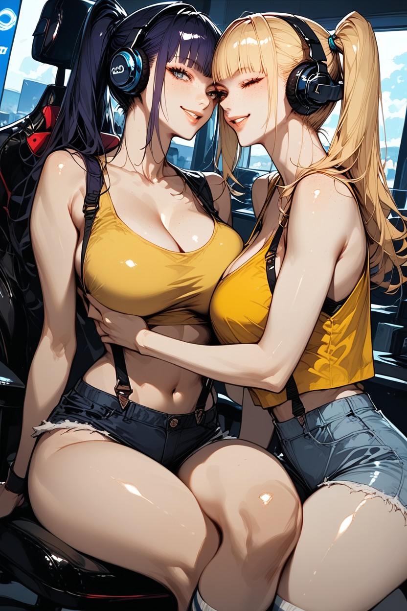 Long Hair, Loose Crop Top, Standing Behind Sitting Female Hentai AI Porn