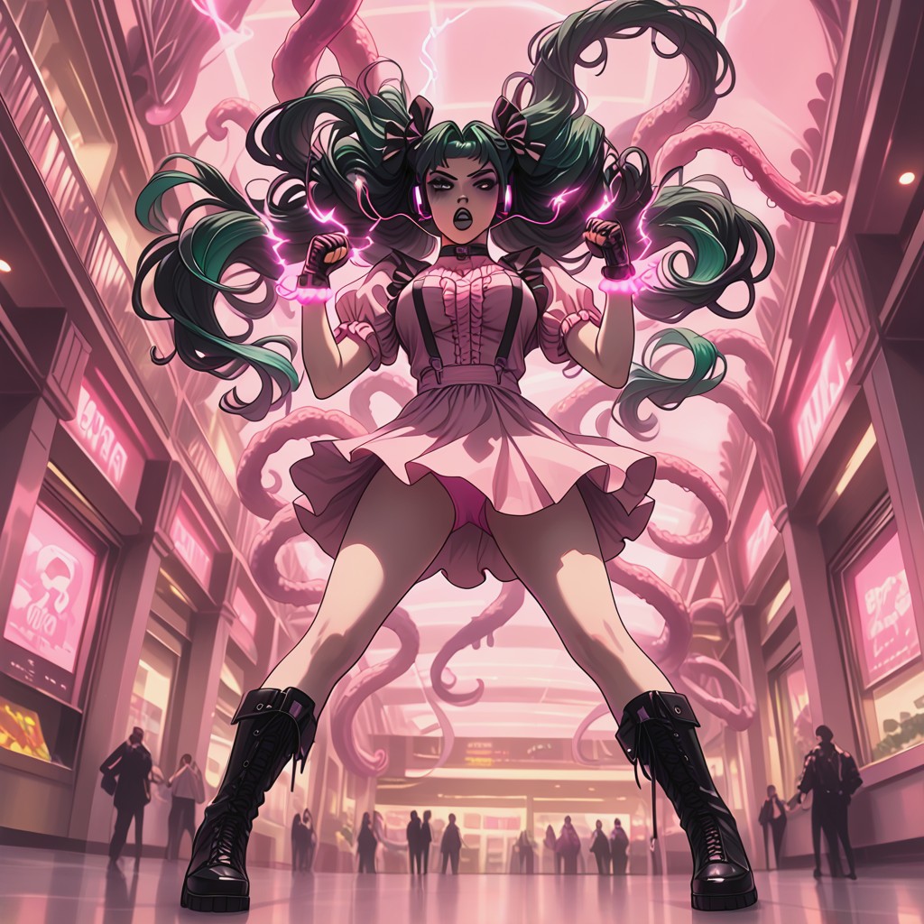 Fist Covered With Pink Electricity, Black Lipstick, Enormous Black Boots Hentai AI Porn