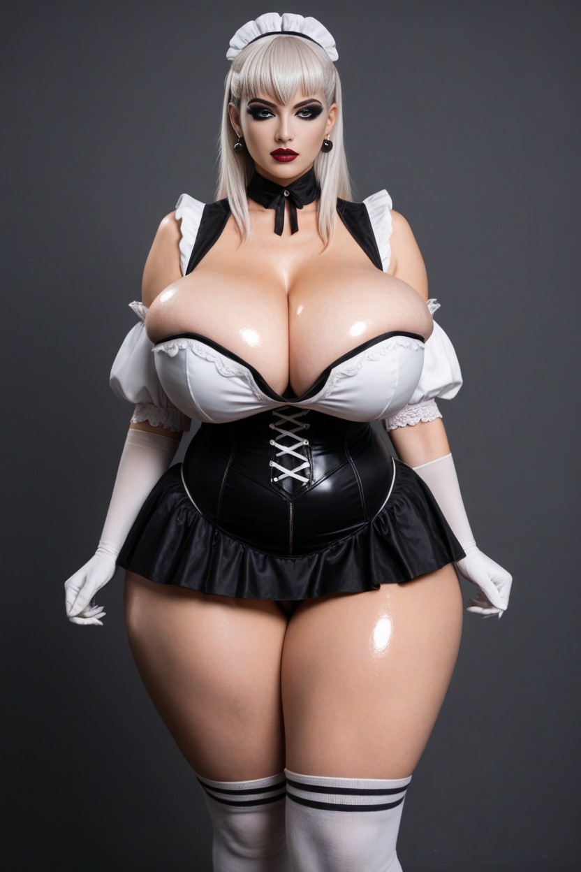 Looking At Viewer, Deepest French Maid Cleavage Reaching Her Stomach, Exposed Belly And Ribs AI Porn
