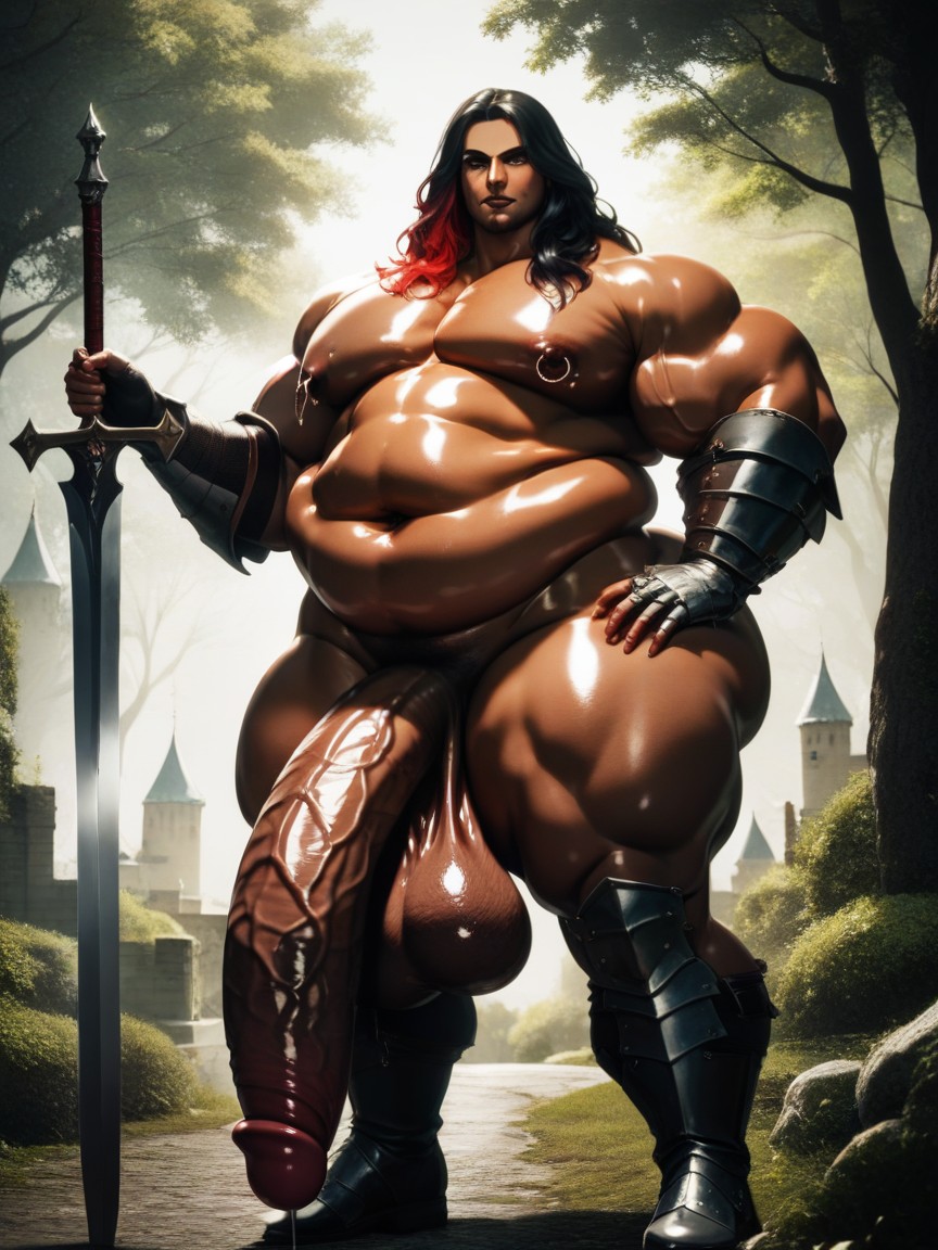 Black Medieval Fantasy Armor, Toned Pecs, Excessive Precum AI Gay Porn