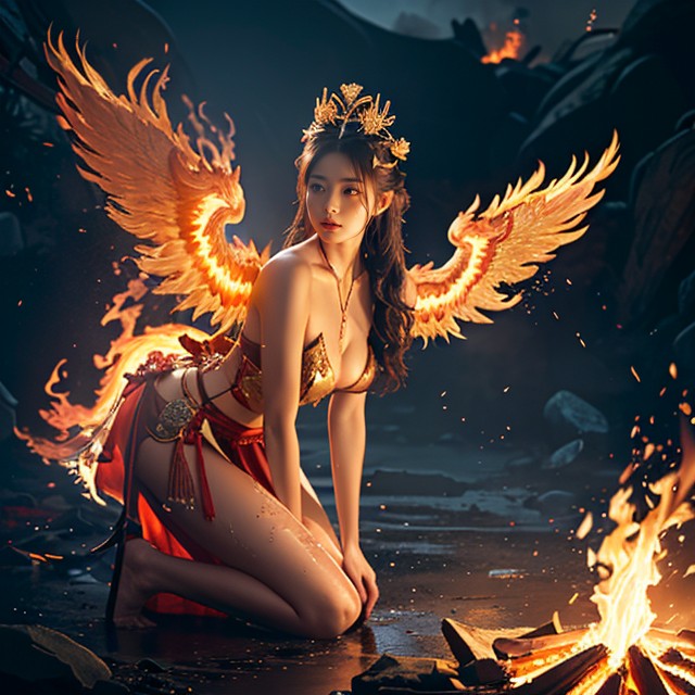 Embers Rising Around Her Thighs, Wearing A Phoenix Crown, Golden Ornaments Glowing On Her Wrists And Ankles Asian AI Porn