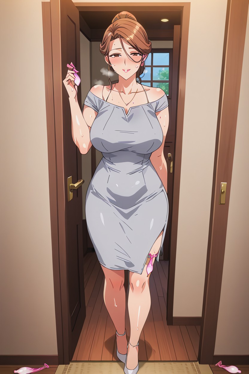 After Sex, Hiding Condoms Behind Back, Square Neckline Hentai IA