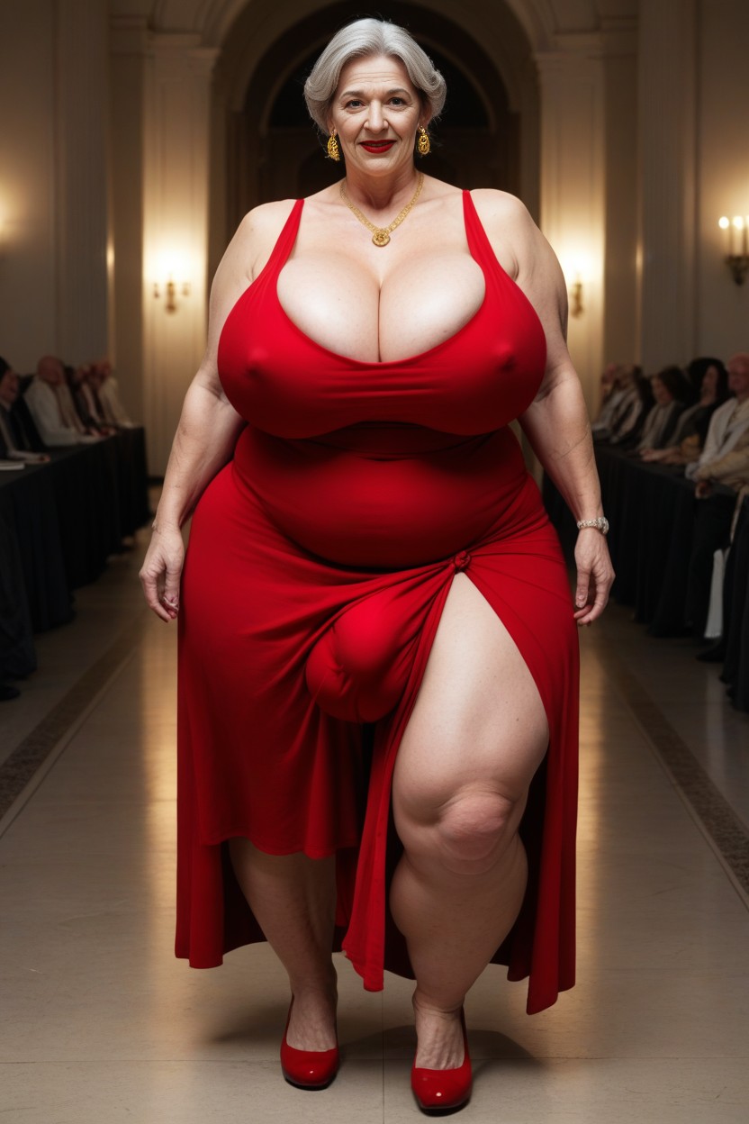 Wrinkles, Obese Big Body Red Long Sleeveless Dress, Standing In Mansion AI Porn