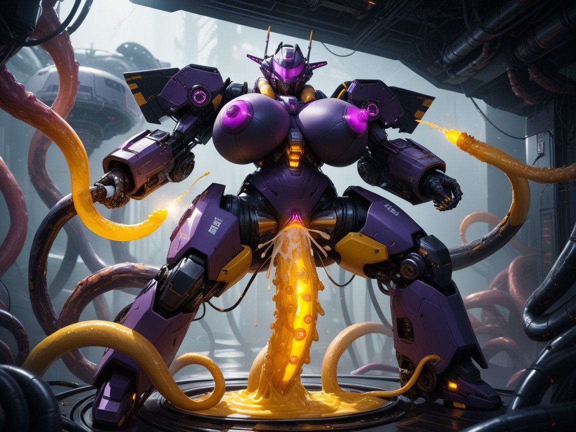 Filled With Holographic Displays And Glowing Experiments, Black Mechanical Tentacles, Large Amounts Of Yellow Fluid From Vagina Hentai AI Porn