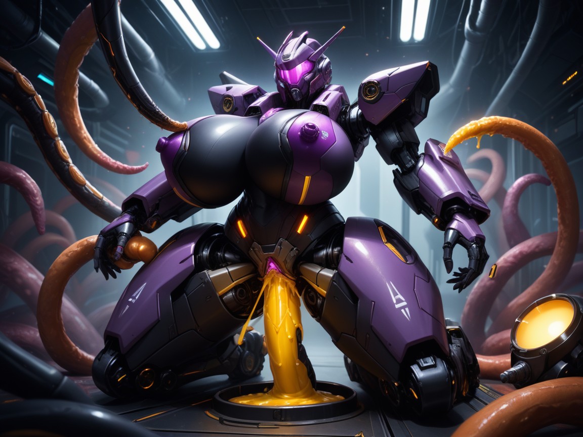 Spaceship Futuristic Laborator, Robot, Breast Wrapped Around In Mechanical Tentacles Hentai AI Porn