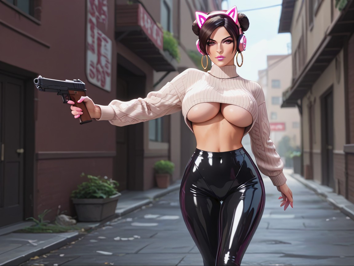 Bellybutton Piercing, Dark Hair, Pink Headphones Hentai AI Porn