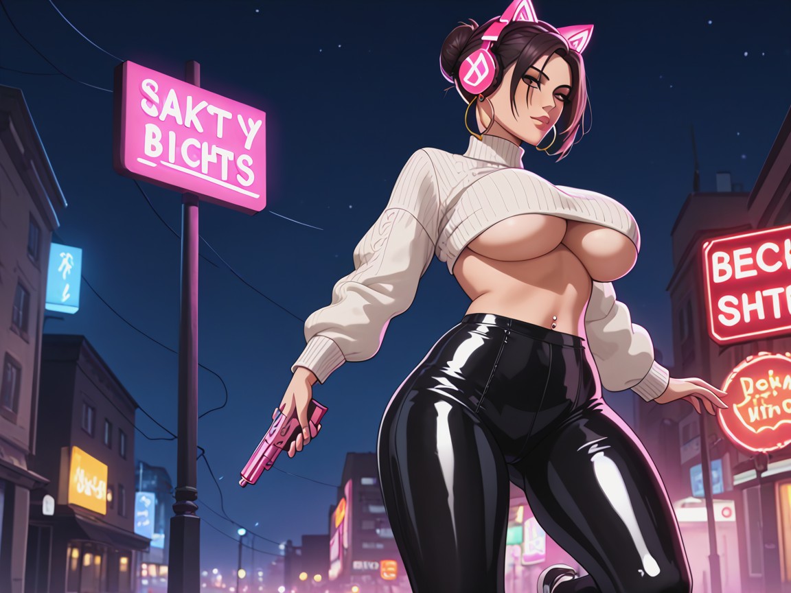 Neon Signs, Sleek High Bun Hairstyle, Falling Hentai IA