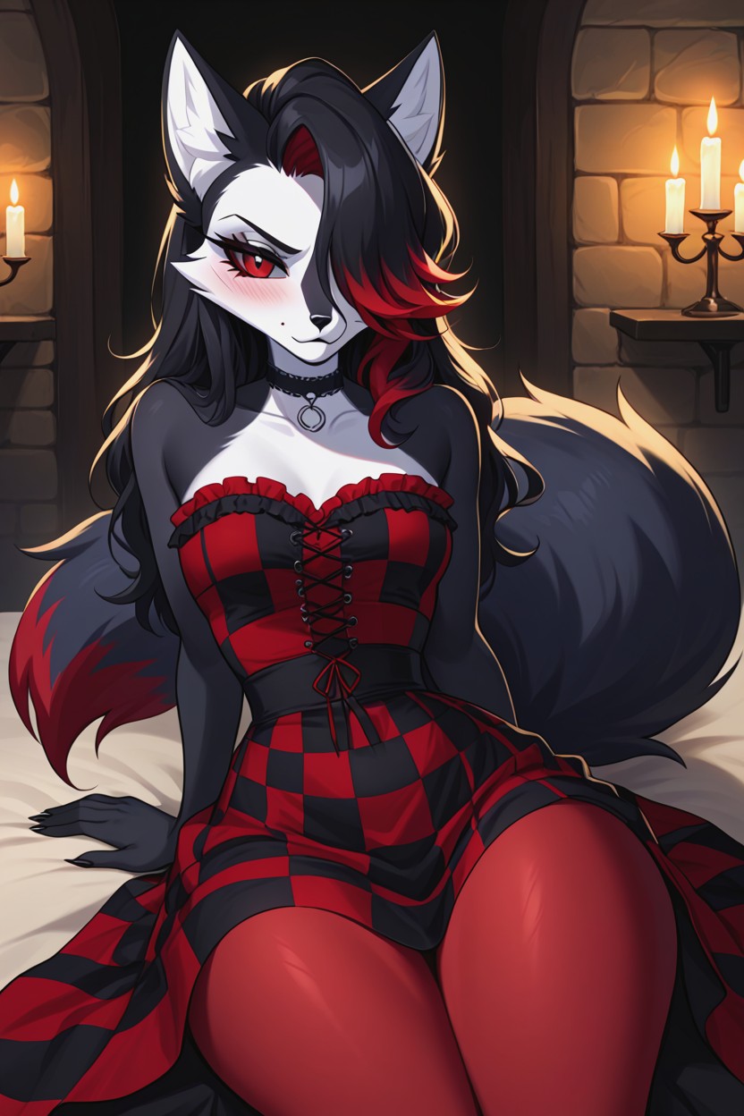 Red Lower Face Fur, Black Fur, Shy Furry AI Porn