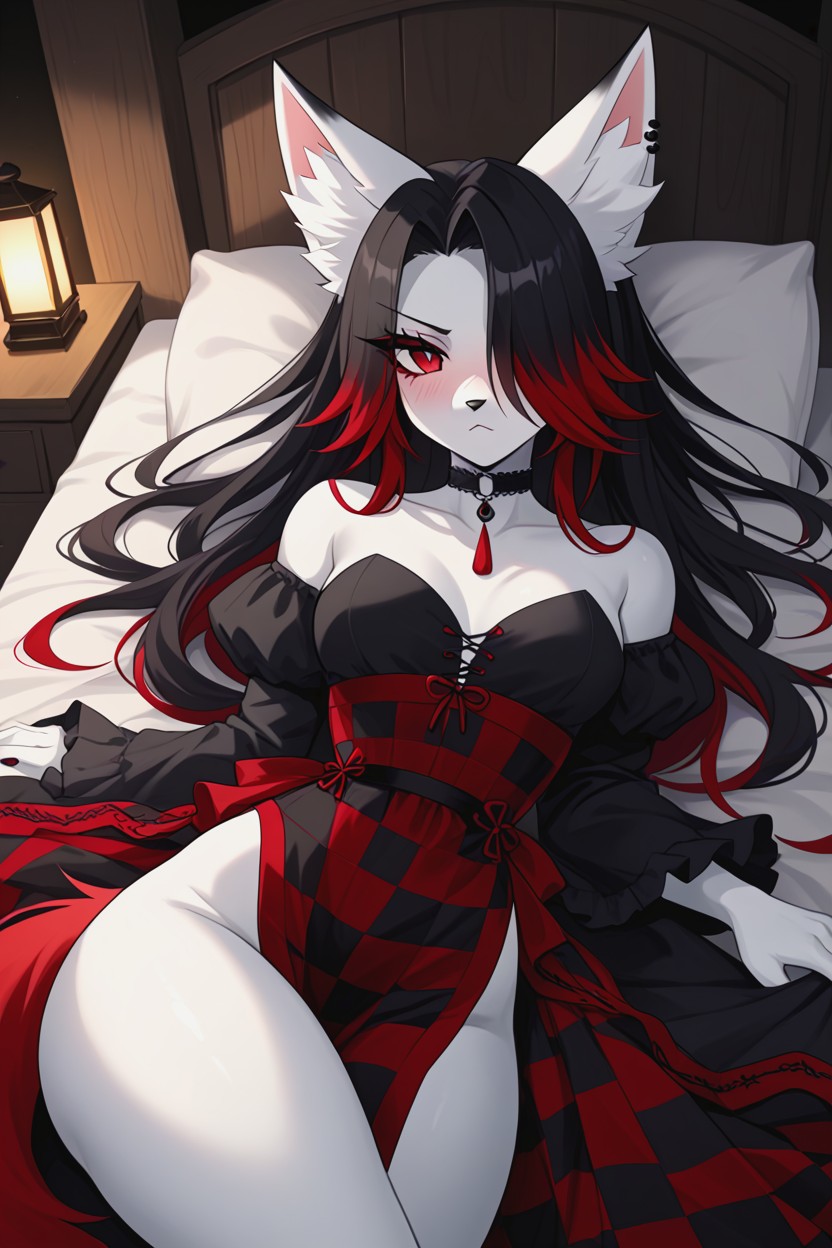 Leaning Back, Bright Red Eyes, Beautiful Face Furry AI Porn