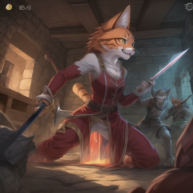 Red Ink Splashing From Enemies, Rapier Wiielder Kitten, 18+ Furry AI Porn