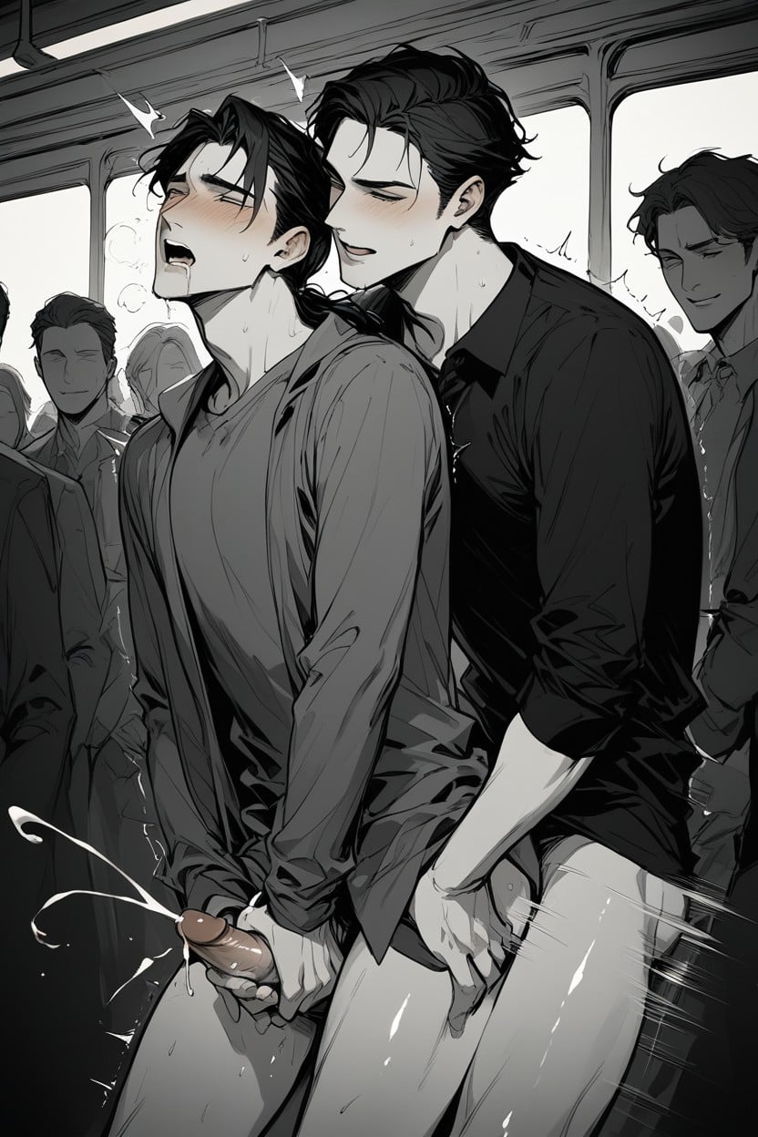 Black-haired Man Being Given Handjob From Crowd Behind, 18+, In Heat AI Gay Porn