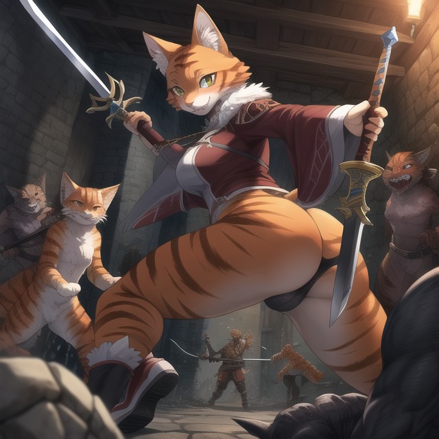 Dangerous Pose, Surrounded By Monsters, Dungeon Furry AI Porn