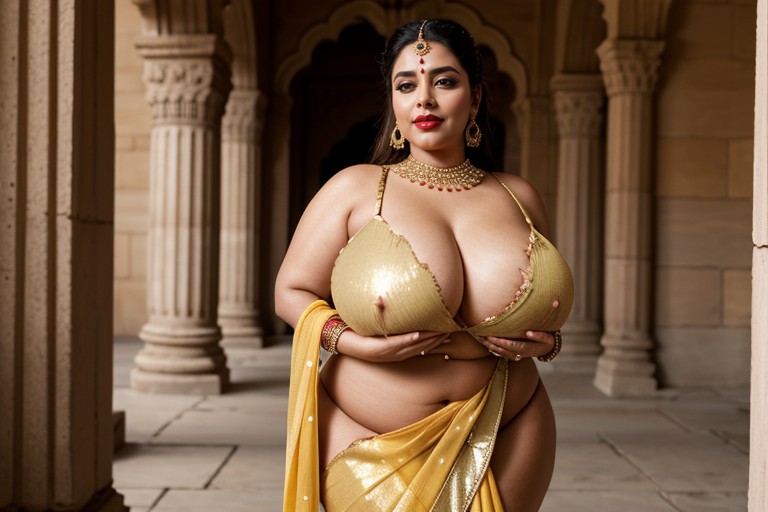 Throne With Guards, Tight Red Deep Neck Indian Blouse, See Through Satin Yellow Saree AI Porn