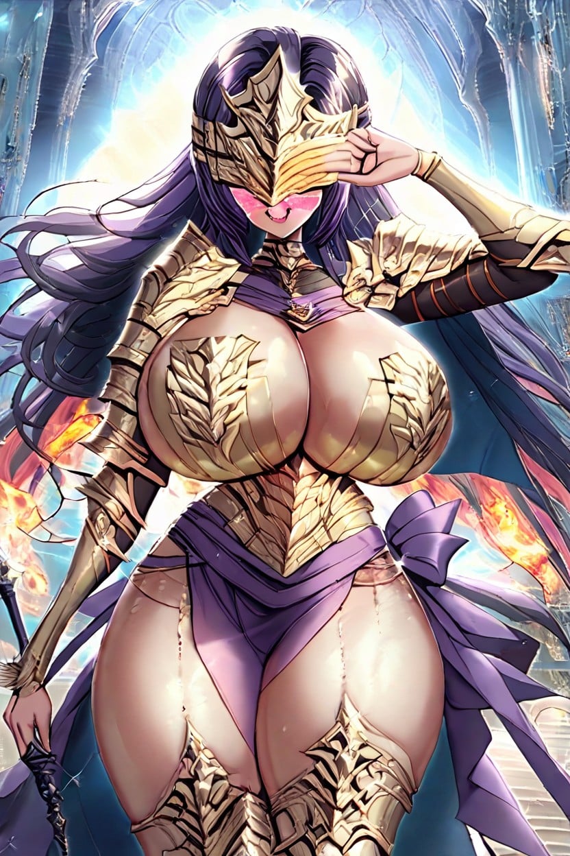 Giant Hangers, Royalty, Gold Armor Armet Visor With Fiery Design Covering Eyes Hentai AI Porn
