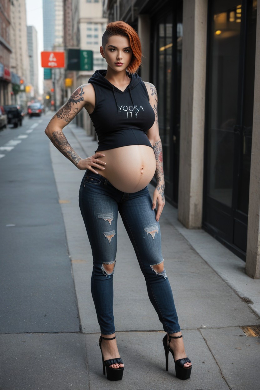 Hoodie, Pregnant, Blue Hair AI Porn