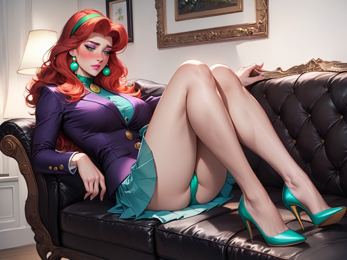 Green Eyes, Purple Blazer With Golden Buttons, Black Leather Famous Couch Hentai IA