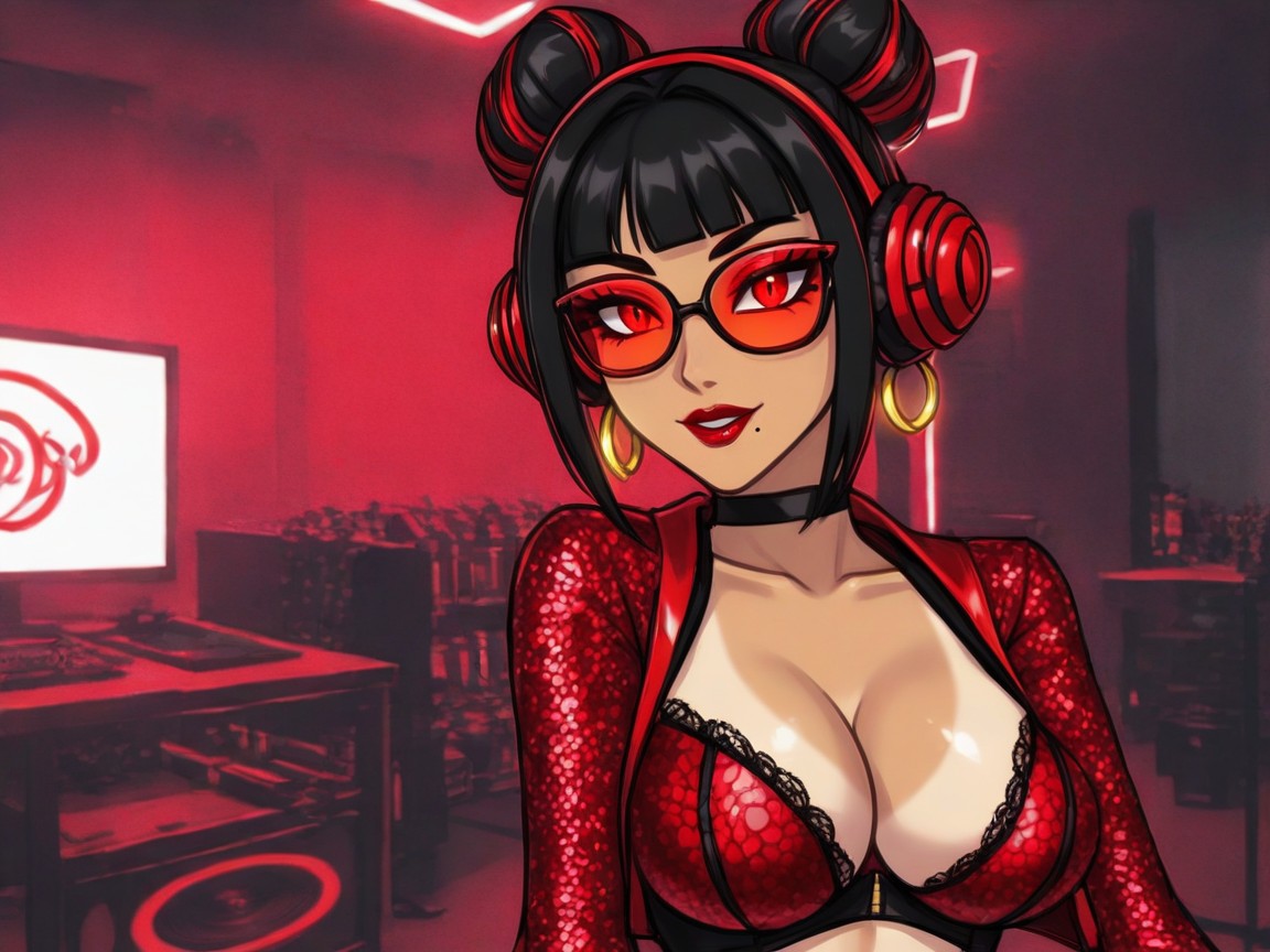 Red Elbow Gloves, Long Shoulder Width, Mouth Open Latina AI Porn