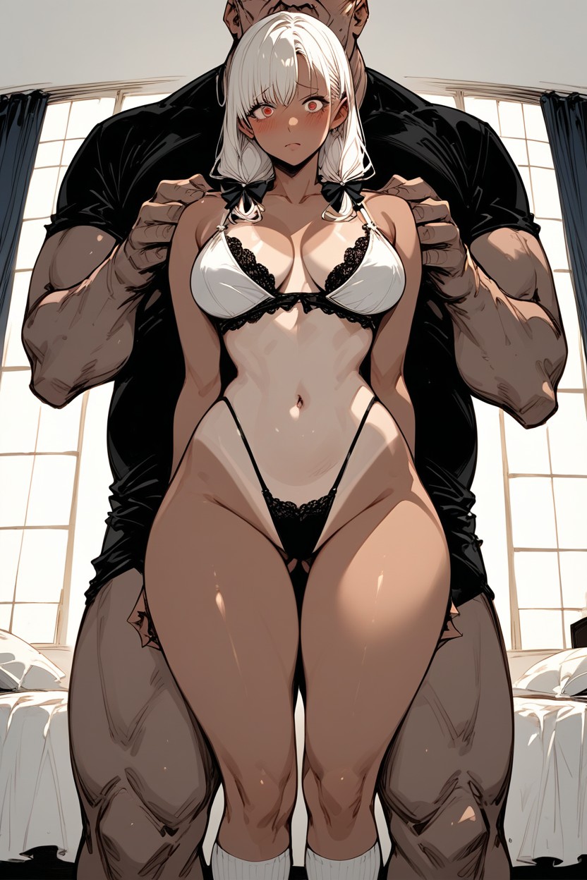 Breasts Exposed, Huge Naked Man Grabbing Arm From Behind, Bra Tan Lines Hentai AI Porn