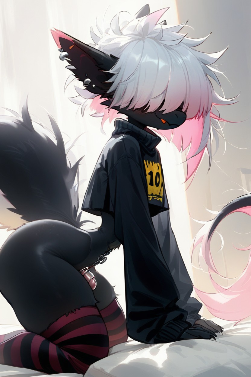Long Fluffy Tail, White Hair And Pink Hair, Black Sweatshirt Furry AI Porn