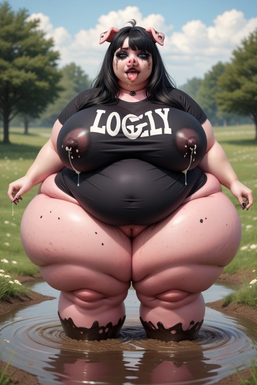 Pigpen, Extremely Comically Obese Gothgirl Hupig, Hyper Broodmother Immobile Obese Belly Growth BBW AI Porn