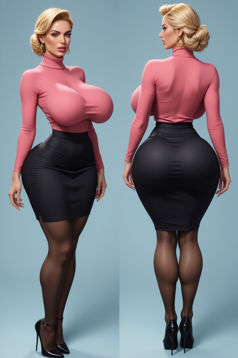 Turtleneck Sweater, Extremely Tanned, Extremely Squeeze Boobs AI Porn