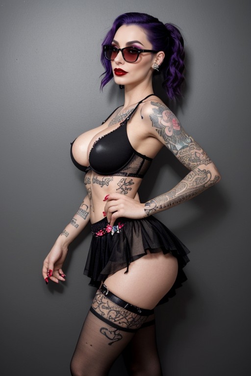 Flowers Tattoo Flow Down The Legs To The Toes, Excessive Makeup, Long Eyelashes AI Porn