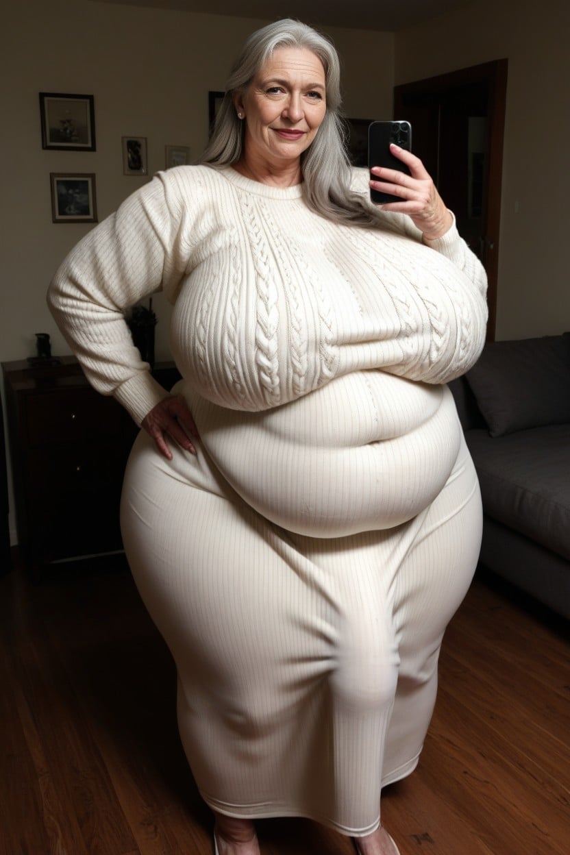 Hyper Obese Body Brakes Nipples Poking Under Sweater Dress Super Fat Penis, Long Sweater Dress, Dimly Lit AI Porn