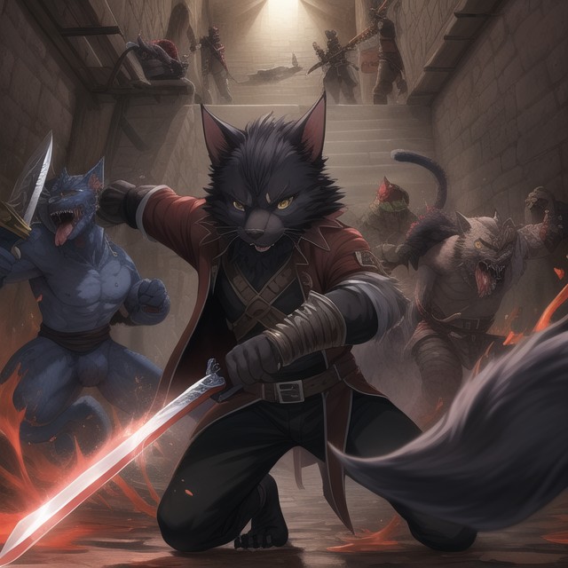 Computer Game, Rpg Character Is A Black Cats, Dangerous Pose Furry AI Porn
