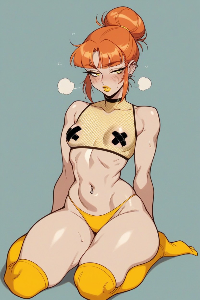 Pale Pure White Skin, Hair Bun, Yellow Eyes Hentai AI Porn