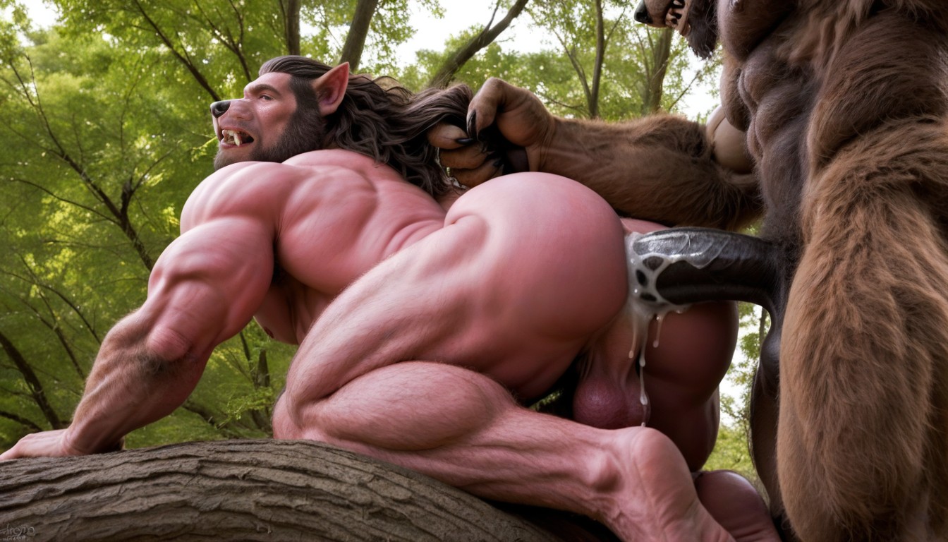 Muscular Creatur, Gigantic Werewolf Spit Roast, Werewolf Spreading His Ass AI Gay Porn