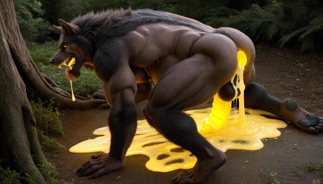 Giant Werewolf Gets Ass Filled With Yellow Neon Glowing Cum, Werewolf Against The Tree, Gigantic Werewolf AI Gay Porn