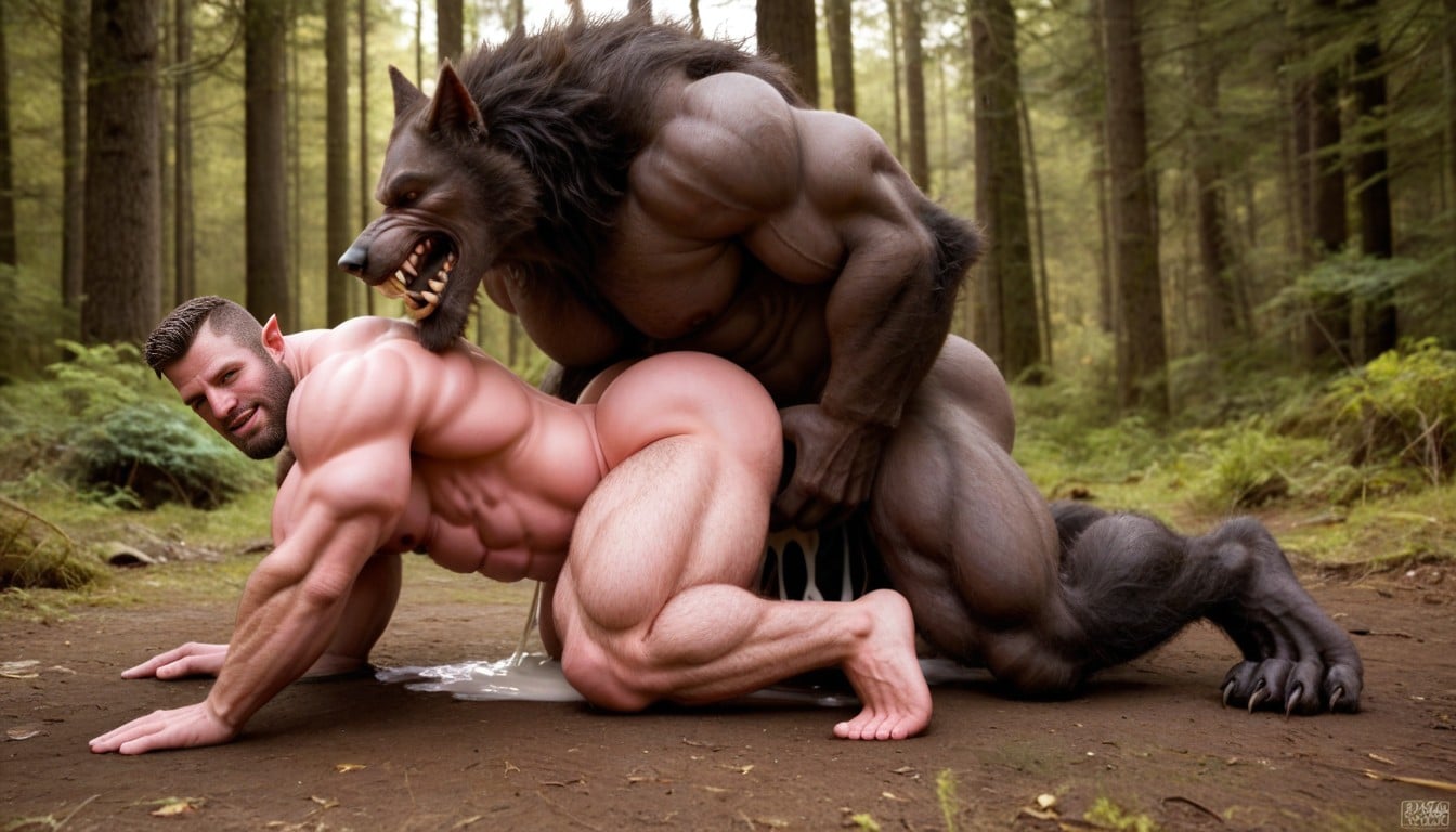 Giant Equicock, Werewolf Against Forest Floor, Photorealistic Style AI Gay Porn