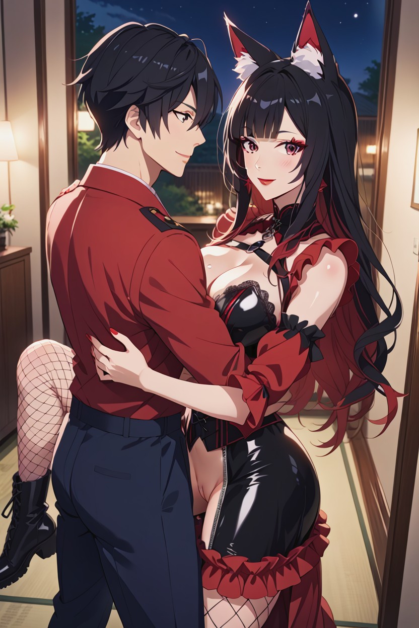 Crimson Red Lips, Miyabis Fox Ears, Messy Hair Hentai AI Porn