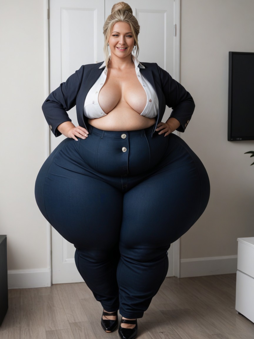 Blonde Hair, Disproportionately Huge Hips, Hips Too Wide For Suit Jacket AI Porn