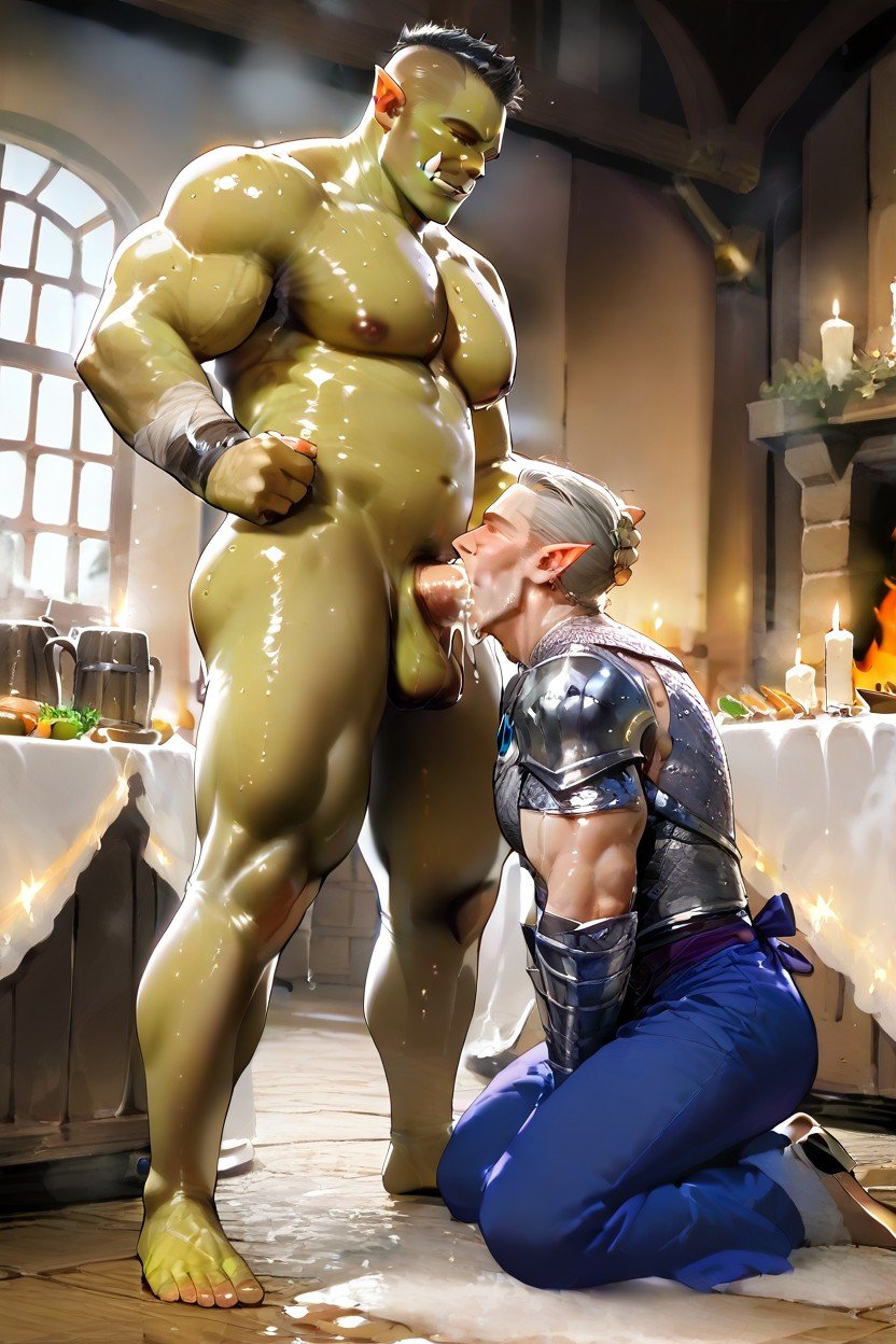 Orc Weapons On The Walls, Rough Muscular Orcs In Orc Armor, Blowjob AI Gay Porn