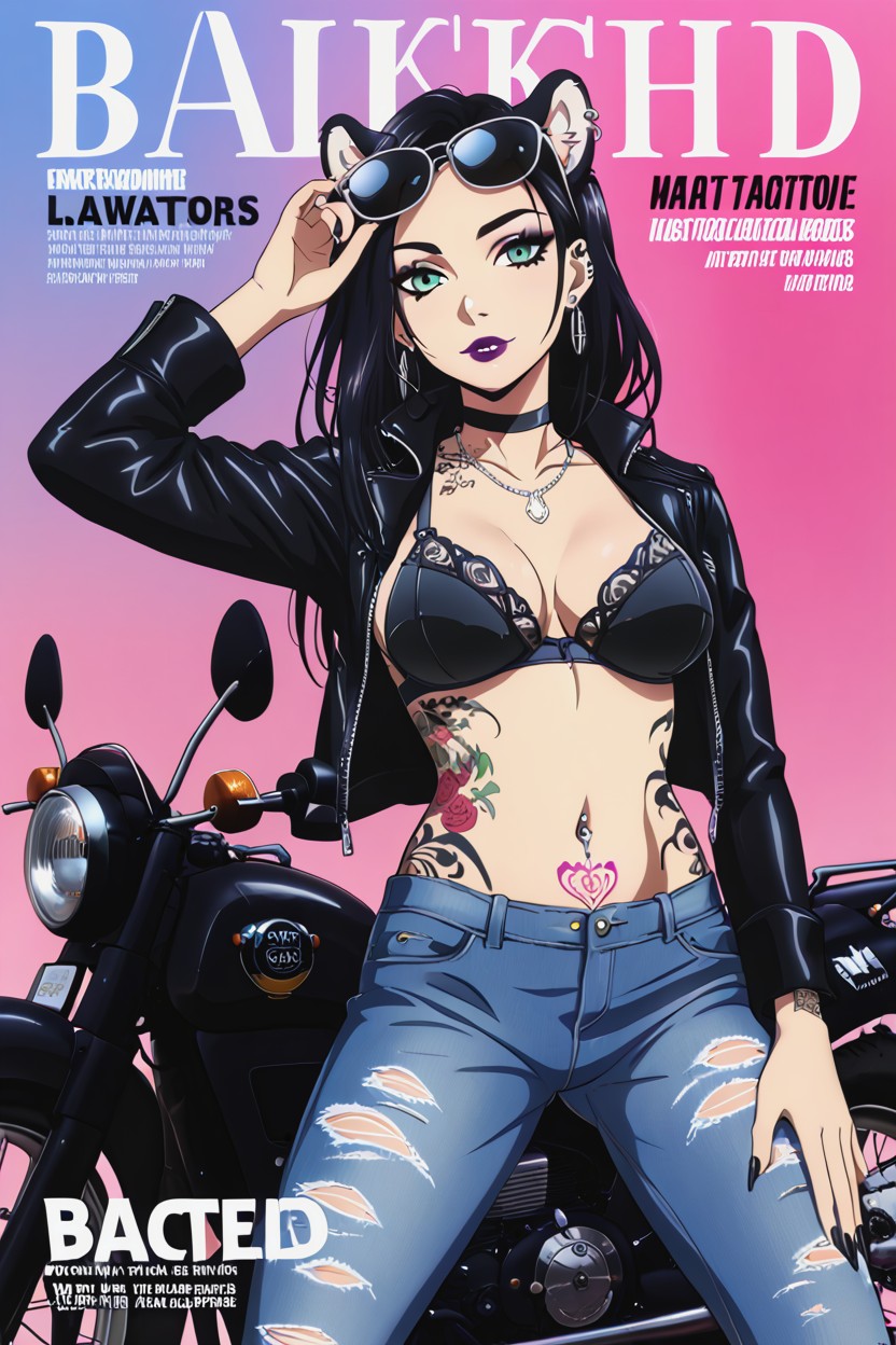 Black Motorcycle, Long Black Hair, Black Leather Bra Furry AI Porn