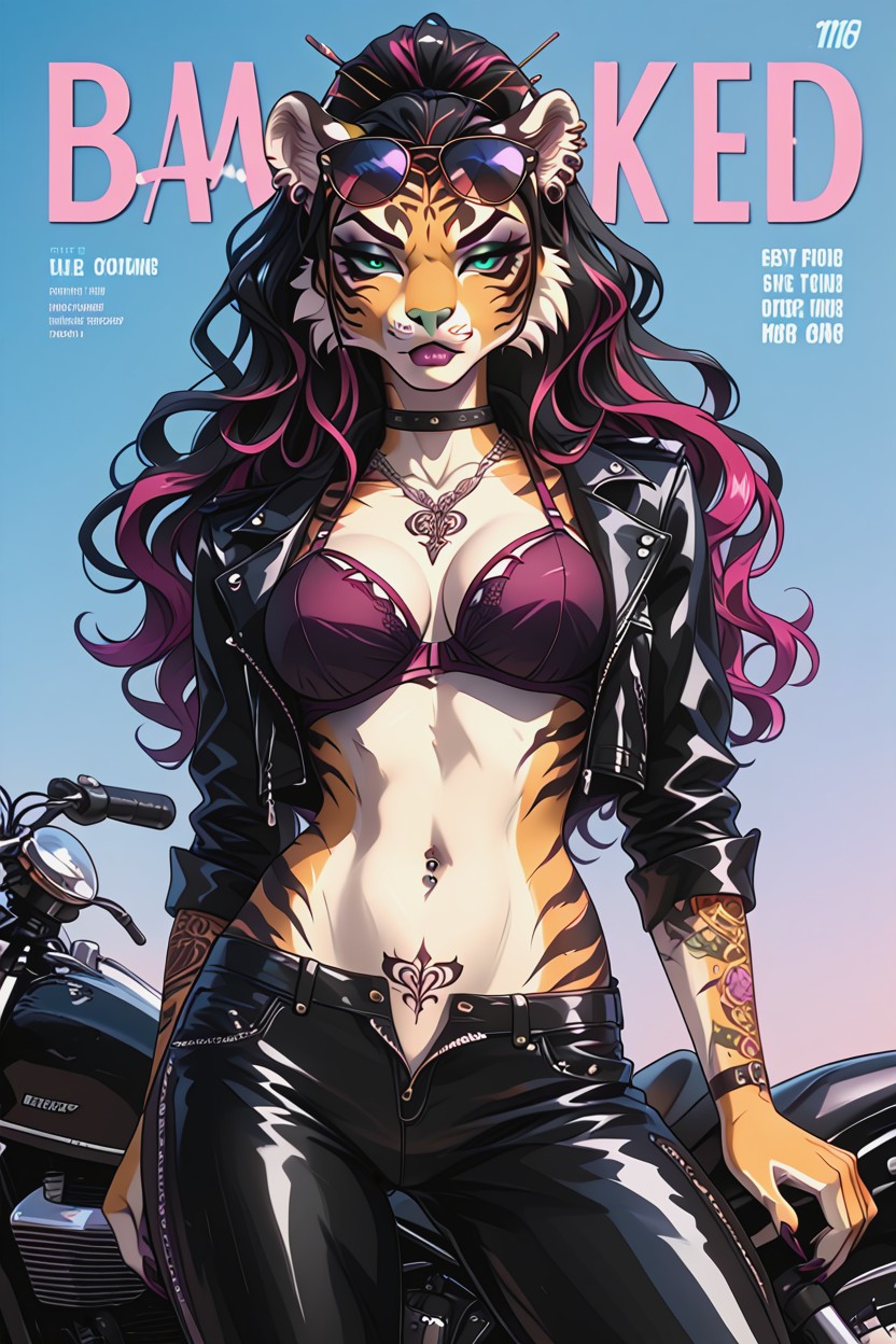 Navel Piercing, Fishnet Arm Sleeves, Black Choker Furry AI Porn