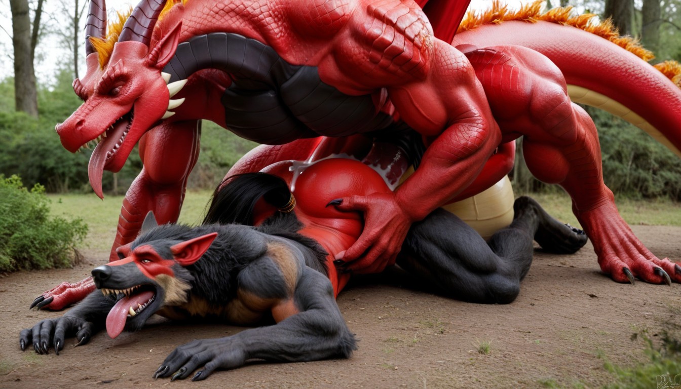 Full Body Shot, Long Shot, Werewolf Lets His Tongue Hang Out AI Gay Porn