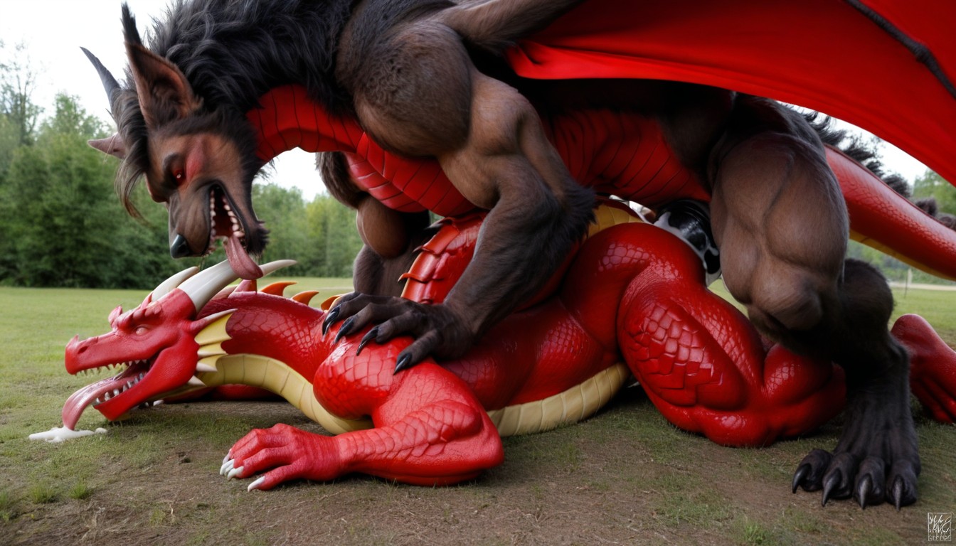 Werewolf Lying With The Upper Body On The Ground, No Human, The Werewolf Push Ass Up For The Red Dragon AI Gay Porn