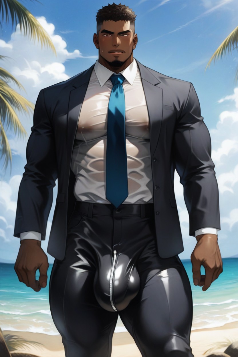 Zipper Open, Cock Bulging In Pants, Beach AI Gay Porn