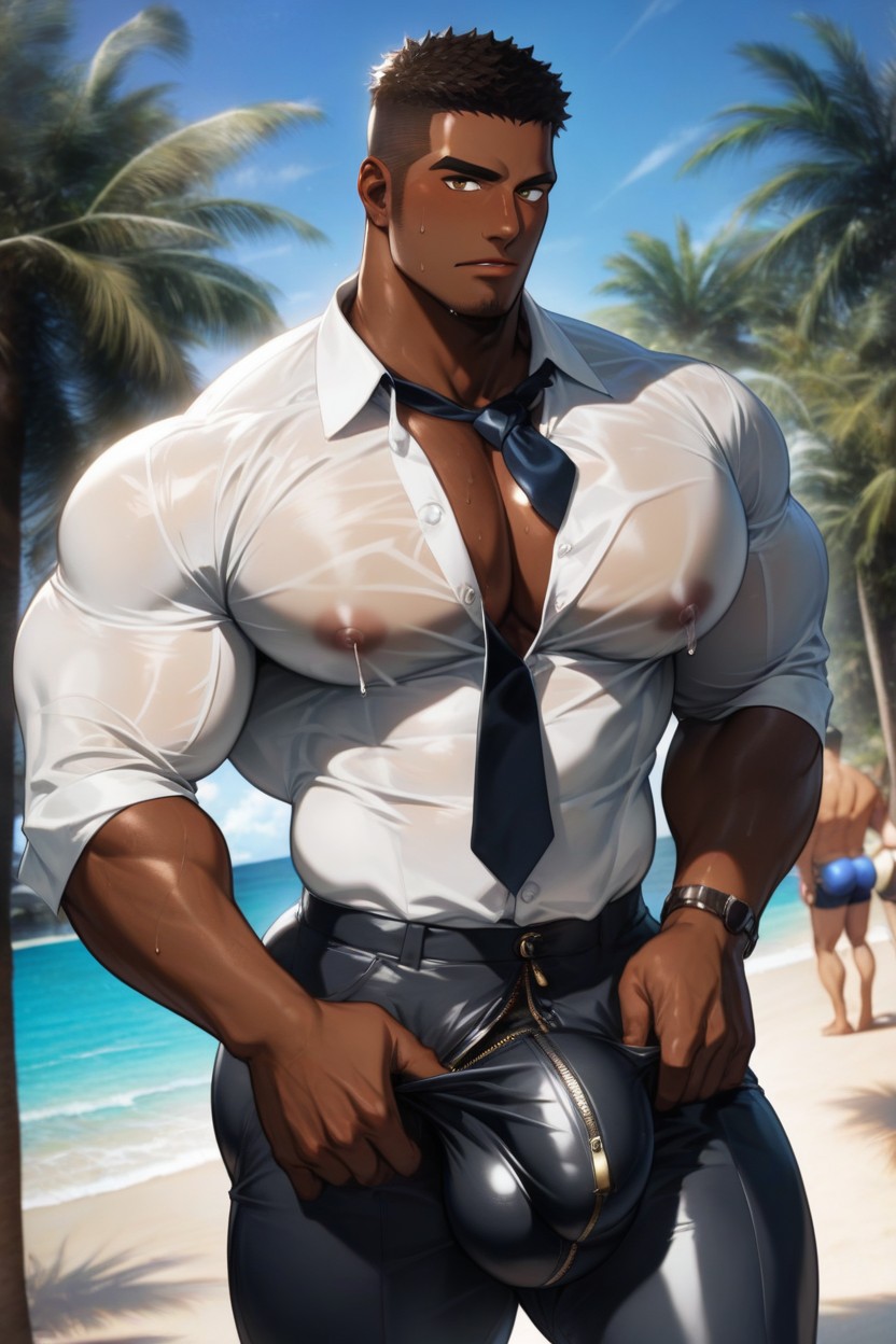 Beach, Enormous Ass, Pants Zipper Open AI Gay Porn