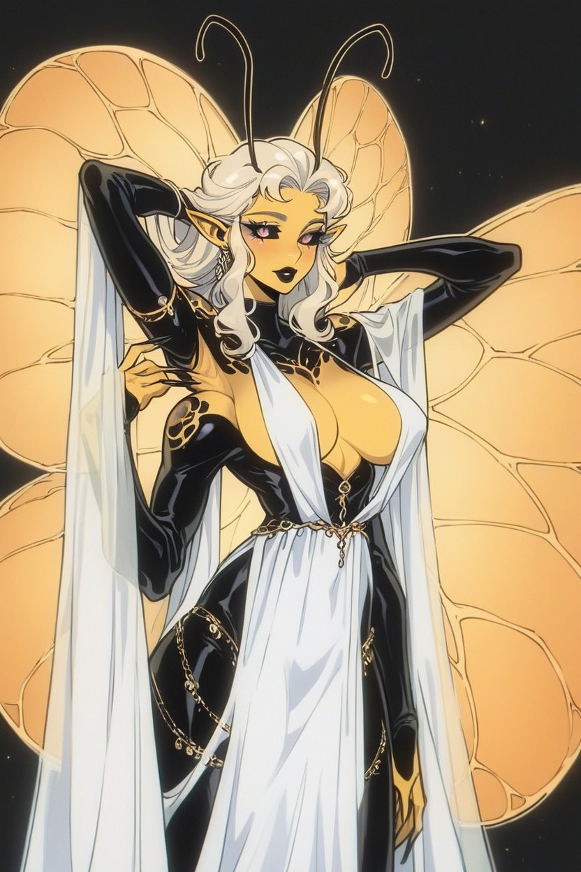 Bee Antennae Atop Head Large, And Upper Back Large Round Breasts, Plunge Halter Neck Hentai AI Porn