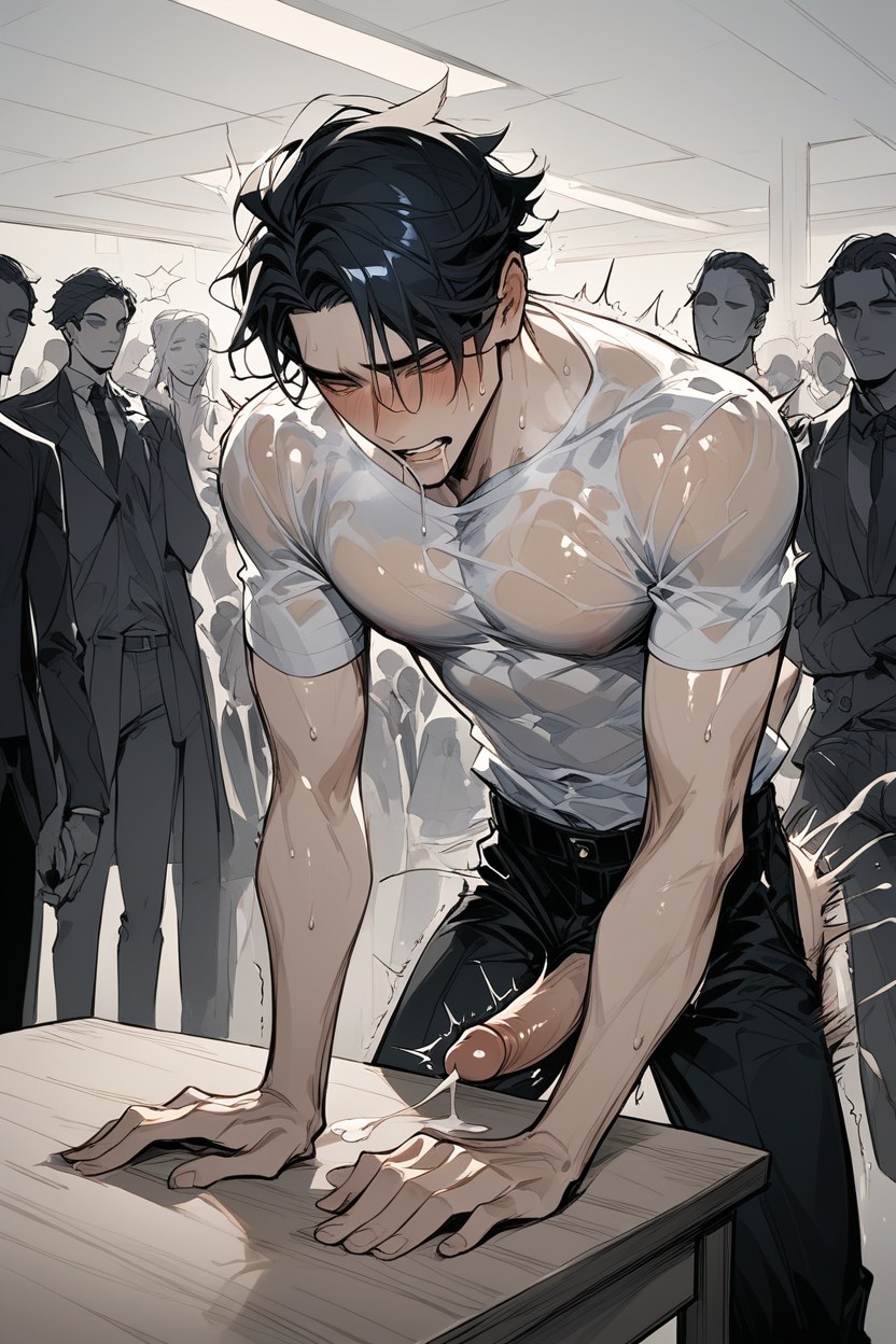 Drooling, Sur Table, Black-haired Man Being Fucked From Behind Porno IA Gay